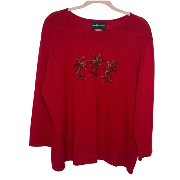 SAG HARBOR Red Beaded Holiday Palm Tree Sweater - Picture 1 of 5